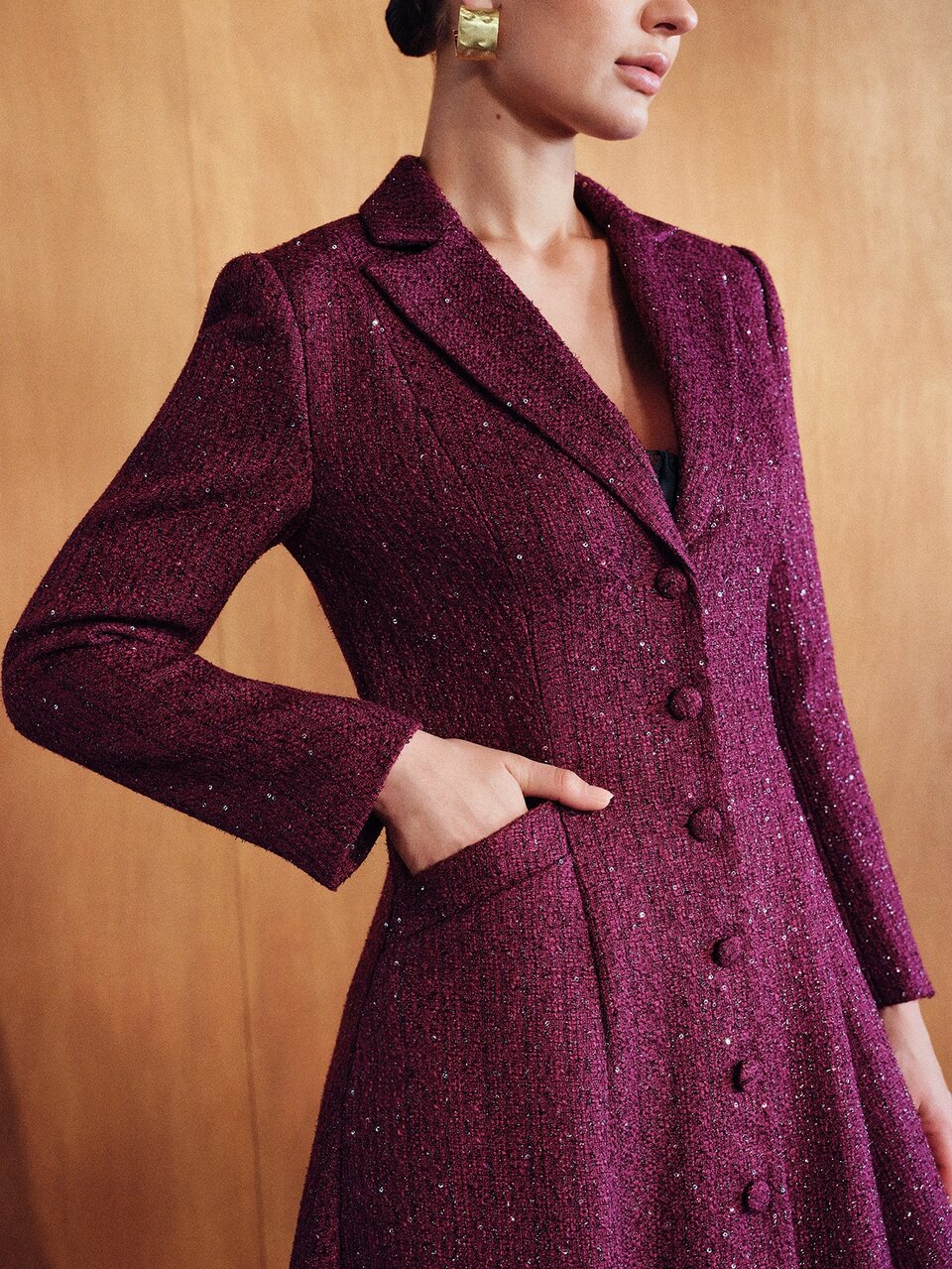 MOTF WOMEN'S COARSE WOOL SEQUIN PURPLE SLIM FIT ELEGANT LONG COAT