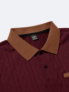 EGENSIO Men's Knitted Jacquard Solid Color Textured Apricot & Deep Brown Ribbed Collar & Cuffs Two White Buttons Polo Shirt - Burgundy - View 6