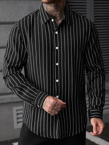 SLATEMANN 2026 春/秋季男士皺褶直條紋長袖領襯衫，寬鬆版型黑色鈕扣休閒街頭上衣 - 黑色 - 查看 3