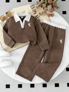 SHEIN Elladie kids 女童學院風咖啡色刷毛內裡上衣與寬腿褲2件套秋季套裝 秋冬款 - 棕色 - 查看 12
