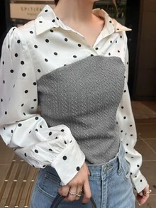 FRIFUL Women's Autumn Patchwork Polka Dot Blouse - Grey - View 7