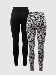 SHEIN Teen Girls Black + Leopard Print Leggings 2pcs Set, Elastic Comfortable Casual Versatile, Suitable For All Seasons - Multicolor - View 2