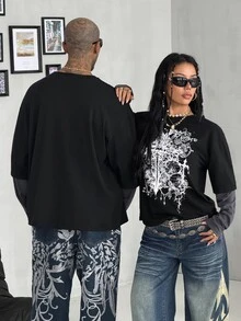Coolane 女款秋冬街頭風休閒 Y2K 復古棉質十字圖案拼接黑色寬鬆長袖 T 恤，哥德龐克風格，萬聖節穿搭 - 黑色 - 查看 2
