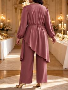 Fleurora Plus Size Pleated Asymmetrical Hem Top And Loose Long Pants 2 Pieces Set - Red Violet - View 2