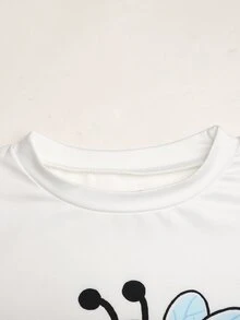 SHEIN 青少年女孩蜜蜂印花側開衩下擺T恤與條紋長褲休閒套裝 - 白色 - 查看 5