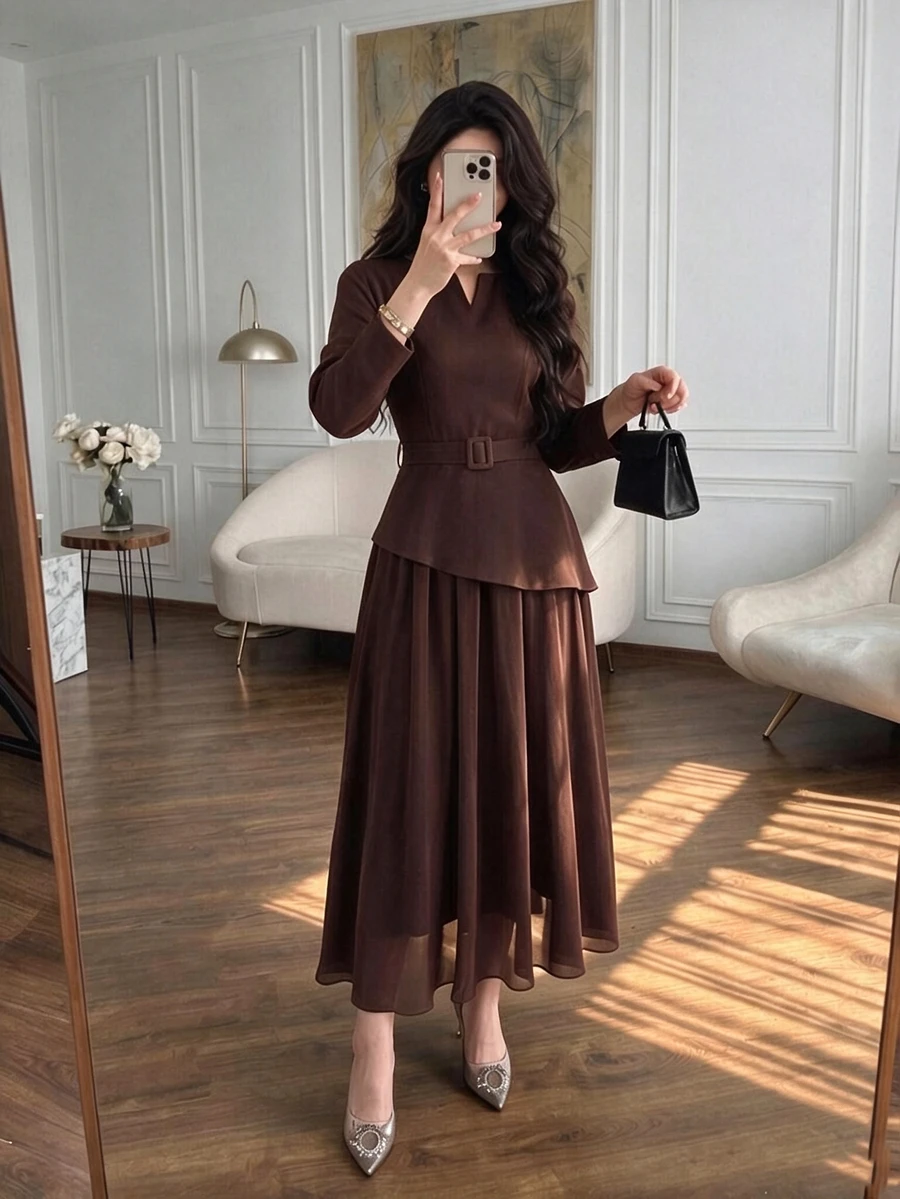 Celisse New Chinese Style Stand Collar Frog Button Flared Long Sleeve, Waist-Cinched Draped Full Skirt Maxi Cheongsam Dress