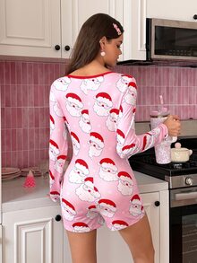 SweetSlumber Cute Sweet Santa Claus Bow Print Contrast Color Button Women's Pajama Jumpsuit - Pink - View 4