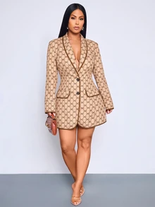 SOLERSUN Sexy Elegant Commuter Workplace Blazer Vintage Print Slim Fit Autumn Winter Jacket Old Money Style Women (Random Floral) - Khaki - View 6