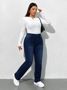 SHEIN ICON 大尺碼女款高腰緊身牛仔褲，適合約會、度假、派對、日常穿著、聚會、戶外活動 - 深色水洗藍 - 查看 4