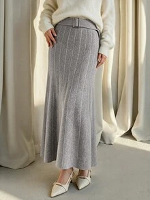 Modelyn Women's Pleated High Waist Slimming Knit Skirt, Autumn/Winter - Grey - View 6