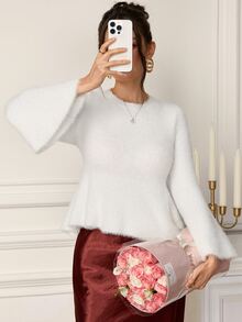 EastFlair Women's Solid Color Round Neck Bell Sleeve Ruffle Hem Fashion Sweater Brunch Dinner White Fall Romantic Elegant Warmth Everyday Tea Party - White - View 2