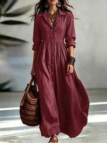 LUMIGAL Fashion Solid Color Elegant Design Front Button Detail Shirt Collar Long Sleeve Dress - Red Violet - View 1