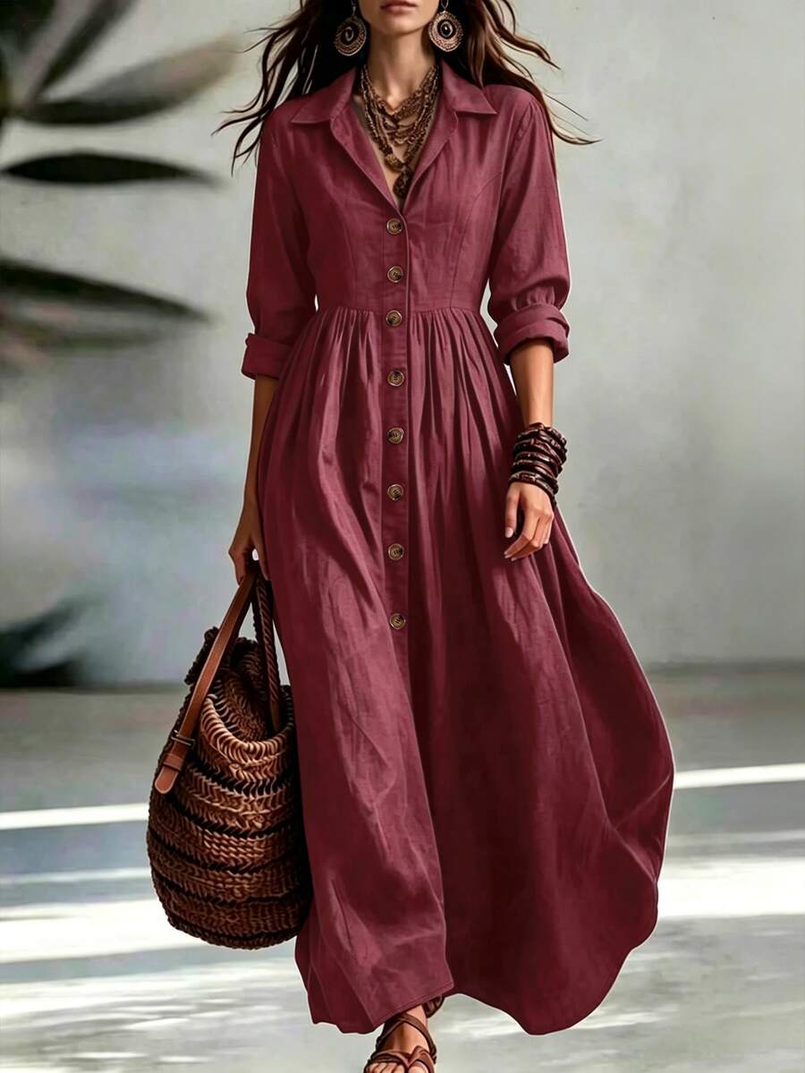 LUMIGAL Fashion Solid Color Elegant Design Front Button Detail Shirt Collar Long Sleeve Dress - Red Violet - View 1