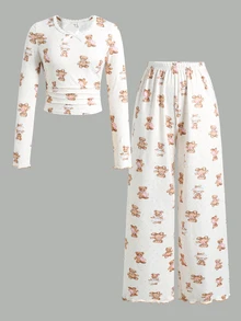 SHEIN Teen Girl Teen Girl Sweet Simple Cute Bear Pattern Round Neck Ruffle Trim Gathered Hem Long Sleeve Extended Pants Soft Comfortable Home Sleepwear Set 2pcs - Multicolor - View 4