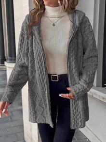 SHEIN Clasi 大尺碼女款紋理圖案長袖抓絨連帽夾克 - 深灰色 - 查看 4