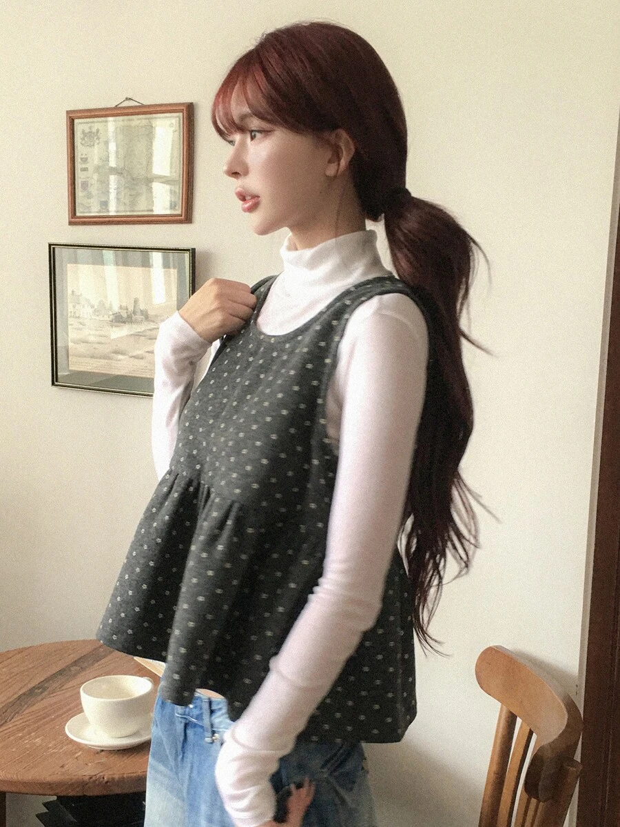 DAZY Floral Loose Patchwork Hem Round Neck Sleeveless Woolen Top Casual Vacation Korean Style Girl Spring Autumn Women Vest - Grey - View 1