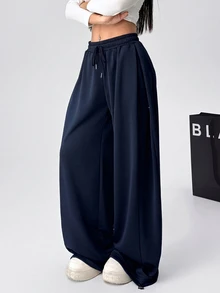SHEIN EZwear 海軍藍大尺碼春夏百搭抽繩運動長褲 - 藏蓝色 - 查看 6