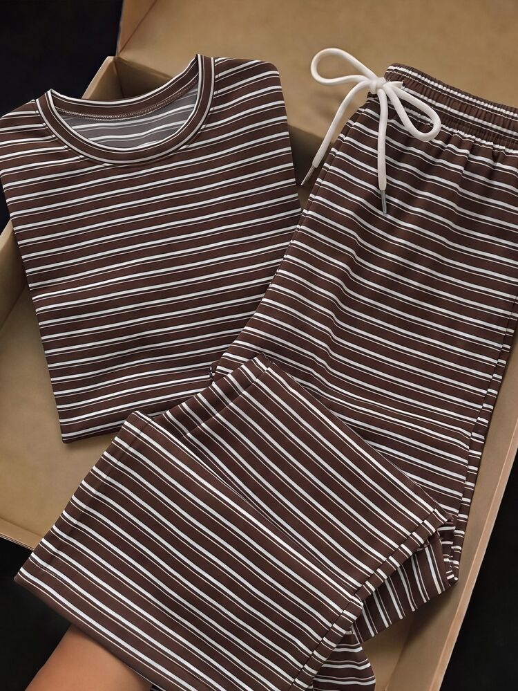 Muvela Women's Casual Round Neck Short Sleeve T-Shirt And Pants Set, Striped Outfit, Autumn Clothing, Suitable For Daily Commute, Gathering, Summer, Christmas, New Year, Thanksgiving, Party, Wedding, Beach, Outing, Date, Valentine's Day, Elegant, Vacation, Y2K - Multicolor - View 4