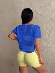 Dewbera Dewbera 1pc Mesh Sports T-Shirt, Solid Color Fashion Versatile Elegant - Royal Blue - View 2