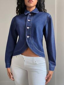 Jeanoix Jaket Denim Pendek Wanita Lengan Panjang Kancing Depan dengan Hem Asimetris Gaya Y2K - Dark Wash - View 6