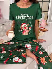 SweetSlumber Women's Round Neck Christmas Themed Print Pajama Set - Green - View 1