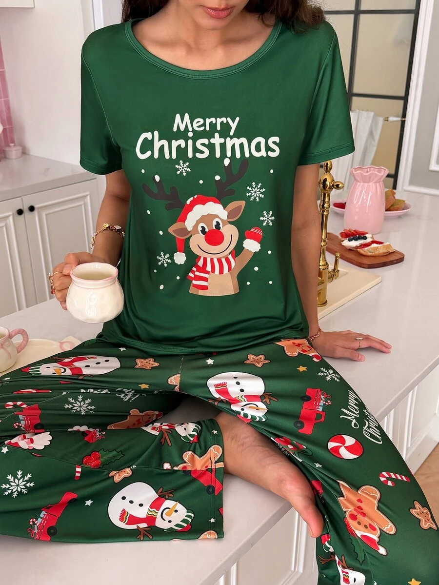 SweetSlumber Women's Round Neck Christmas Themed Print Pajama Set - Green - View 1