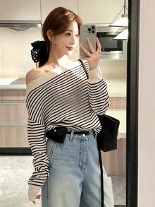 Tideelle 女款法式條紋慵懶休閒時尚露肩長袖衛衣 - 彩色 - 查看 2