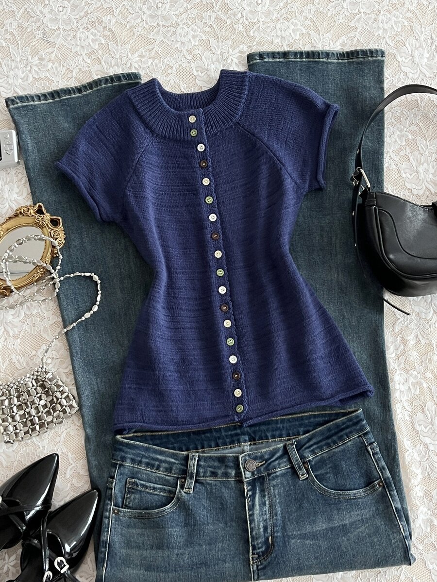 Jeanoix Women's Spring Summer Slim Fit Sweater Vest, Solid Color Sleeveless Knit Top, Colorful Button Decor, Sexy Style Outfit - Navy Blue - View 1