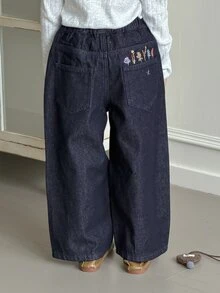 DAZY Jeans Denim Gelap Cuci Longgar Kasual Kaki Lurus dengan Desain Pola Bordir untuk Anak Perempuan Muda, Musim Gugur/Dingin - Dark Wash - View 1