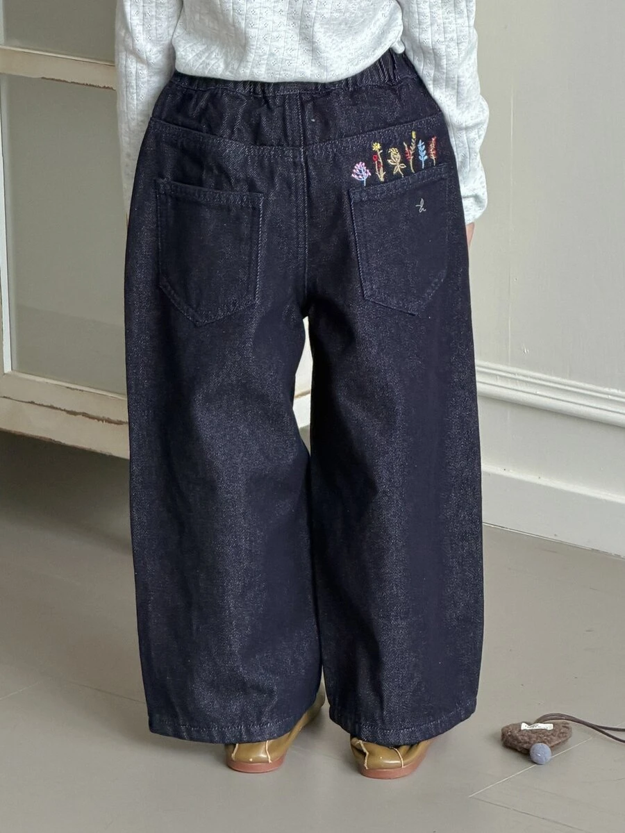 DAZY Jeans Denim Gelap Cuci Longgar Kasual Kaki Lurus dengan Desain Pola Bordir untuk Anak Perempuan Muda, Musim Gugur/Dingin - Dark Wash - View 1