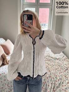 Siren Gaze Women's Embroidered Openwork Top, V-Neck With Lace Trim, Long Puff Sleeves, Front Tie Waist, Short Shirt, Available In White, Cream, And Ivory. French Romantic Style, Sweet And Fashionable, Suitable For Casual Dates, Summer, Spring, And Autumn. - White - View 7