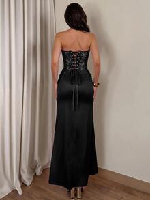 Glamine 女款優雅對比蕾絲百褶設計抹胸洋裝 - 黑色 - 查看 2