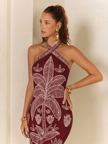 CAJUNI 女款花卉刺繡印花修身優雅時尚掛脖長洋裝 - 酒紅色 - 查看 3
