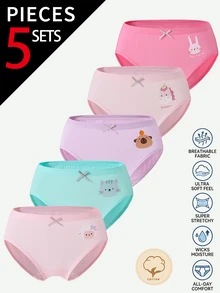SHEIN Celana Dalam Katun Lucu untuk Anak Perempuan, dengan Desain Hewan Menggemaskan seperti Domba, Anak Kucing, Unicorn, Kelinci dan Kapibara, Tersedia dalam Berbagai Warna dan Motif, Cocok untuk Semua Musim. Set 5 Potong. - MultiWarna - View 1