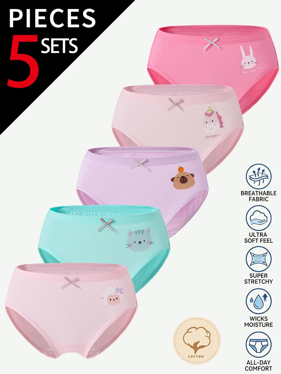 SHEIN Celana Dalam Katun Lucu untuk Anak Perempuan, dengan Desain Hewan Menggemaskan seperti Domba, Anak Kucing, Unicorn, Kelinci dan Kapibara, Tersedia dalam Berbagai Warna dan Motif, Cocok untuk Semua Musim. Set 5 Potong. - MultiWarna - View 1