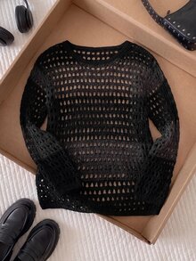 Comfortcana Plus Size Mesh Hollow Out Pullover Sweater - Black - View 7