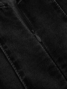 SHEIN MOD Women's Square Neck Petal Sleeve Solid Color Sweet Denim Dress - Black - View 4