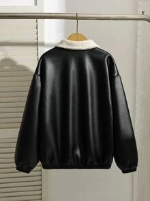 SHEIN 青少年女孩加厚羊羔毛內裡PU皮革夾克，秋冬復古翻領拉鍊機車外套，寬鬆落肩短版修身，抓絨內裡加厚，街頭通勤百搭黑色仿皮墊棉外套，休閒日常穿著女款上衣夾克，適合冬季 - 黑與白 - 查看 2