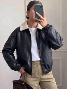 SHEIN 青少年女孩加厚羊羔毛內裡PU皮革夾克，秋冬復古翻領拉鍊機車外套，寬鬆落肩短版修身，抓絨內裡加厚，街頭通勤百搭黑色仿皮墊棉外套，休閒日常穿著女款上衣夾克，適合冬季 - 黑與白 - 查看 3