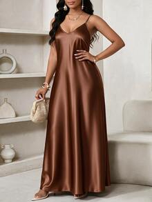 SHEIN Lady Plus Size Elegant Elegant Satin Spaghetti Strap Dress For Date - Brown - View 4