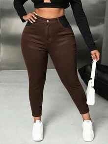 SHEIN ICON 大尺碼女款秋季日常運動休閒棕色高腰修身緊身牛仔褲，附口袋 - 棕色 - 查看 3