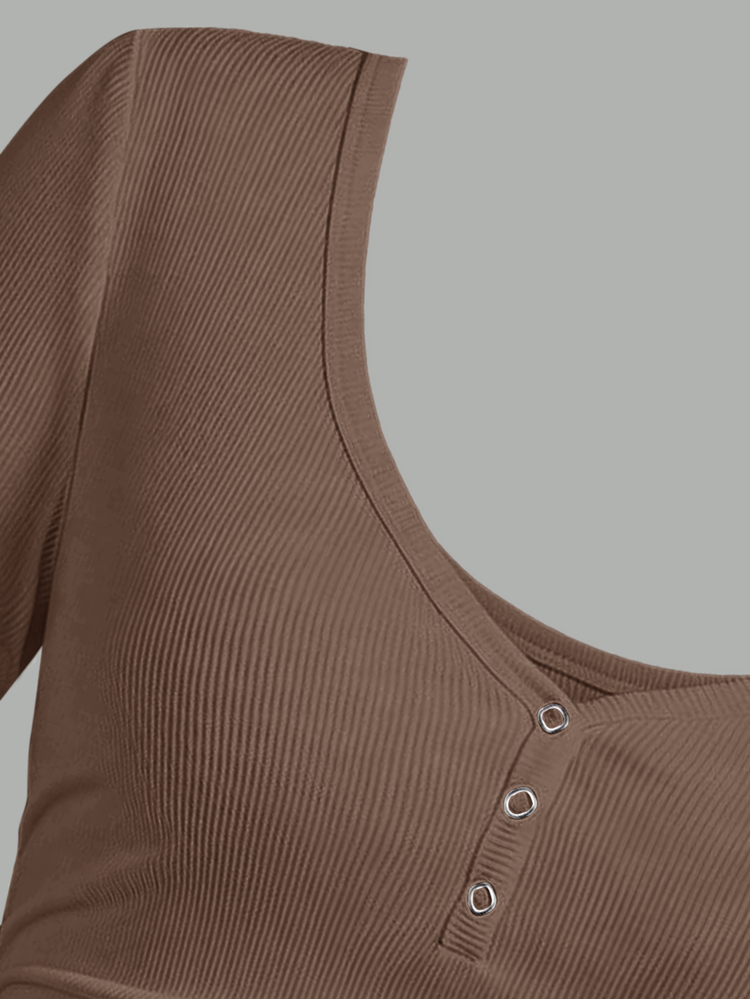 Slaydiva Plus Size Fashion Button Half Placket Short Sleeve T-Shirt Streetwear - Rust Brown - View 6