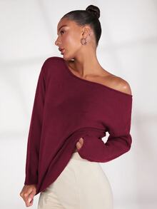 SHEIN BASICS 純色落肩針織衫，女款深秋休閒不對稱長袖寬鬆冬季衣物 - 酒紅色 - 查看 3