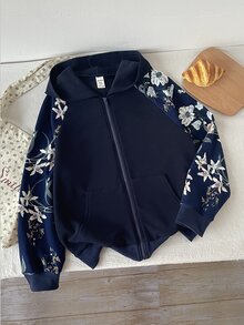 青少年女孩藍色純色連帽花卉水印衛衣，休閒風格，適合學校穿著，秋冬季 - 藍色 - 查看 5