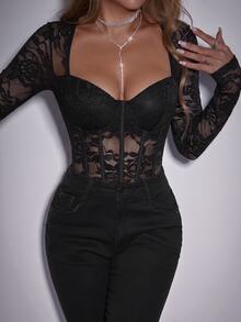 SHEIN Glamour Rhinestone Applique Mesh Sexy Women One Piece Bodysuit - Black - View 4
