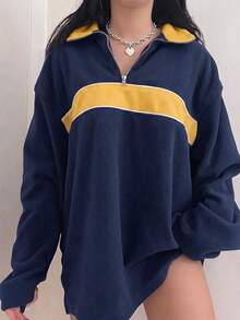 Lumivelle Plus Size Women's Colorblock Zipper Design Fleece Pullover Sweatshirt - Blue - View 4