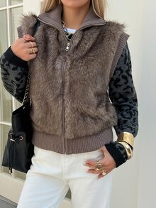 Livesso Brown High Neck Plush Patchwork Leopard Print Sleeve Zipper Slim Fit Casual Colorblock Faux Fur Jacket - Khaki - View 3