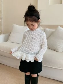 DAZY Baby Girl Solid Color Casual Cable Knit Lace Patchwork Top - White - View 7