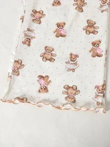 SHEIN Teen Girl Teen Girl Sweet Simple Cute Bear Pattern Round Neck Ruffle Trim Gathered Hem Long Sleeve Extended Pants Soft Comfortable Home Sleepwear Set 2pcs - Multicolor - View 6