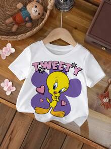 LOONEY TUNES X SHEIN Baby Girl Letter Cartoon Print Round Neck Short Sleeve Casual Top - White - View 7
